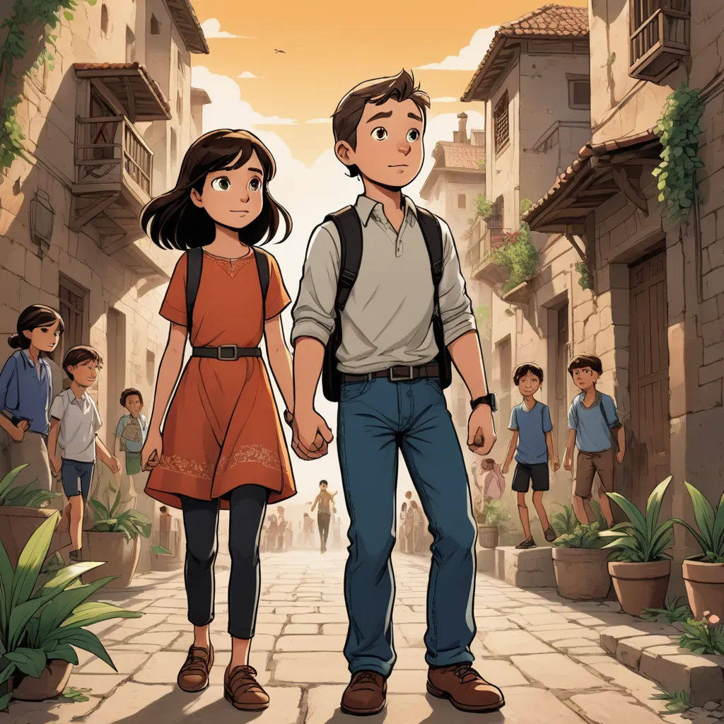 a man and a woman walking down a street with a lot of people in the background and a yellow sky, paris school, a storybook illustration, Diego Gisbert Llorens, official art