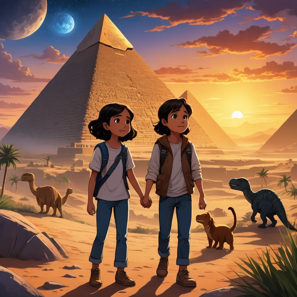a couple of people standing in front of a pyramid with dinosaurs and dinosaurs in the background of the picture, space art, egyptian art, Cliff Childs, official art