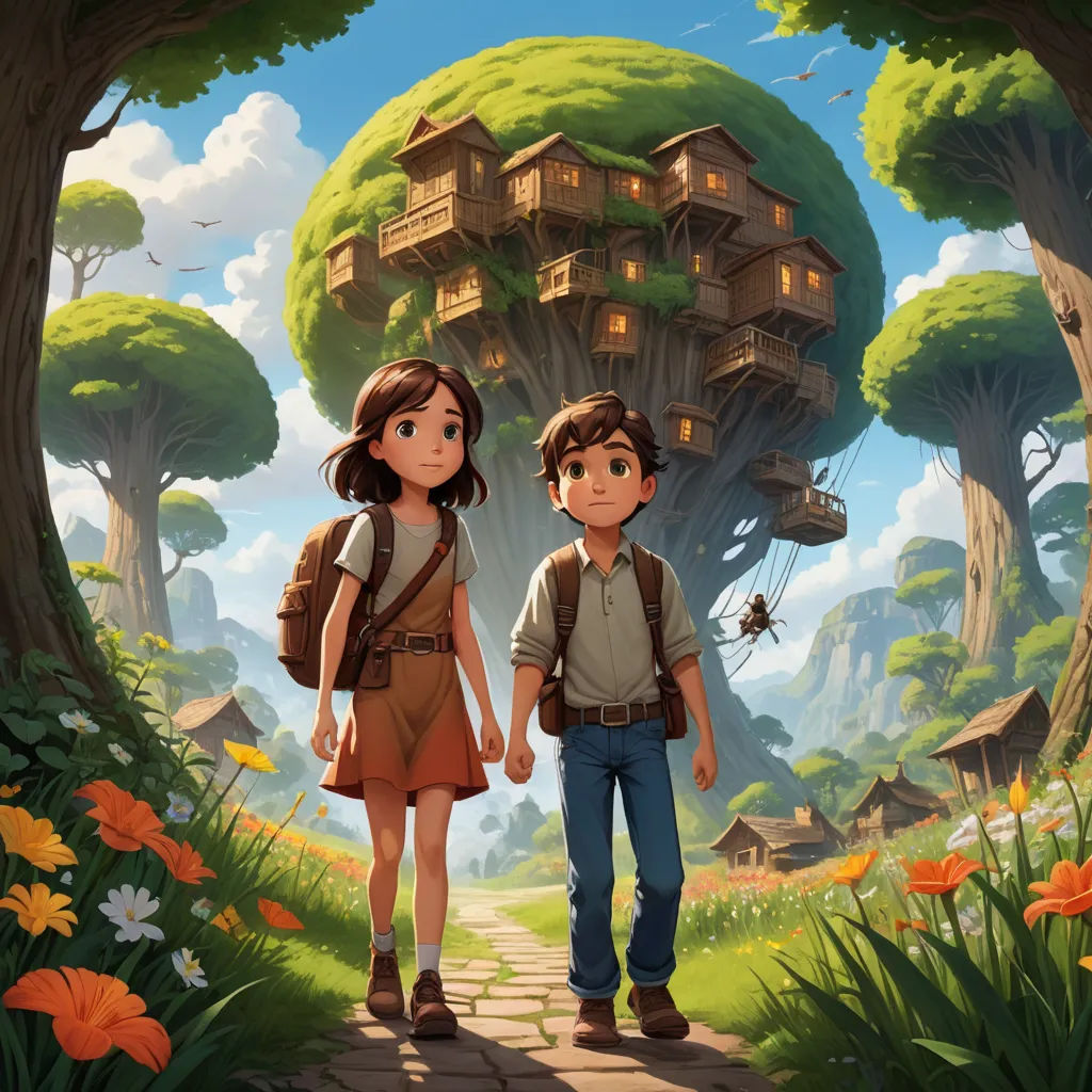 a couple of people standing in front of a tree house in a forest with flowers and trees on the ground, fantasy art, a storybook illustration, Aaron Jasinski, rossdraws global illumination