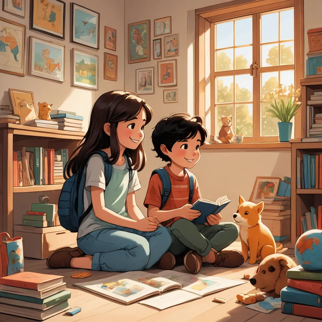 a girl and boy sitting on the floor reading a book together in a room with a dog and bookshelf, art & language, a storybook illustration, Diego Gisbert Llorens, rossdraws global illumination