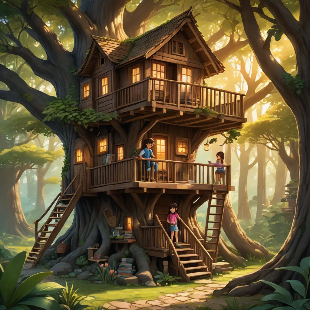a tree house with a staircase and a tree trunk with a man and a woman standing on the top of it, fantasy art, a storybook illustration, Chris LaBrooy, storybook illustration