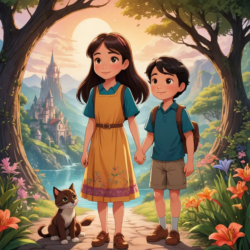 a boy and a girl standing in front of a forest with a cat and a castle in the background, magical realism, a storybook illustration, disney, official art