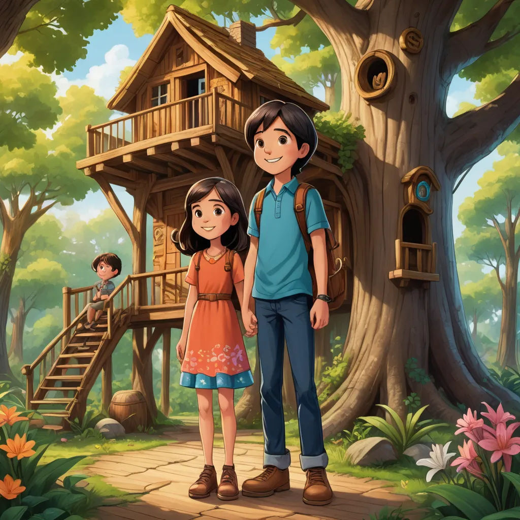 a man and a woman standing in front of a tree house with a staircase to the top of it, magical realism, a storybook illustration, Choi Buk, promotional image