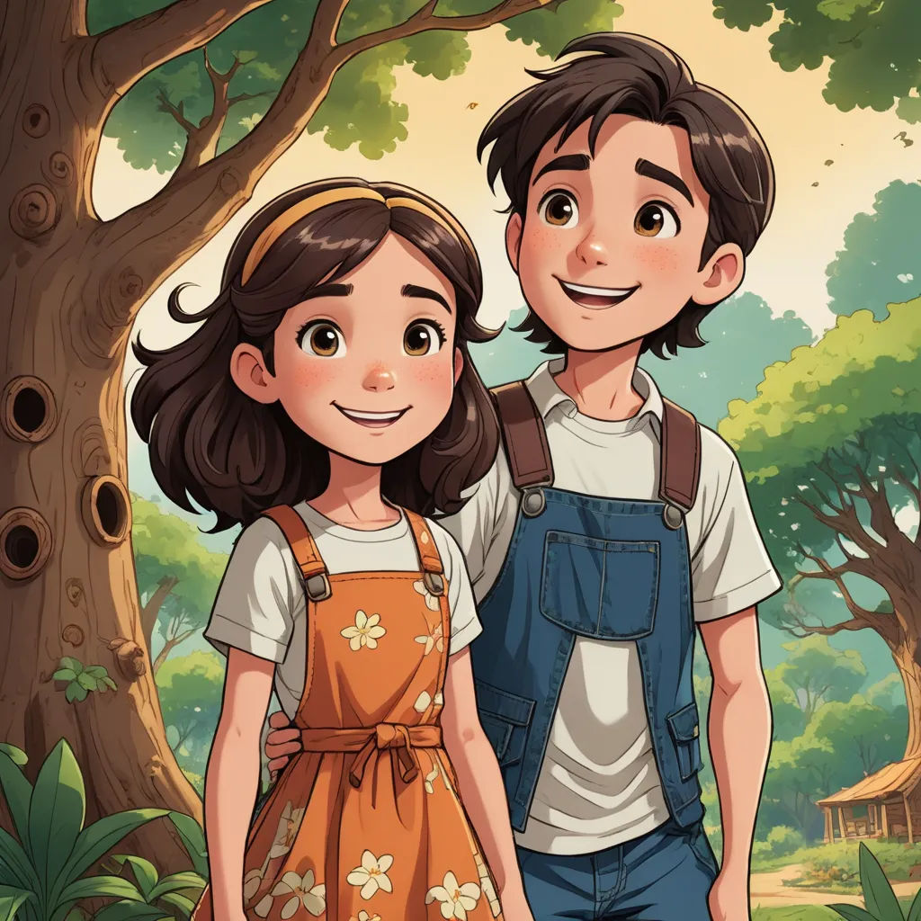 a boy and a girl standing in front of a tree in a forest with a bird on it's shoulder, lyco art, a storybook illustration, Diego Gisbert Llorens, official art