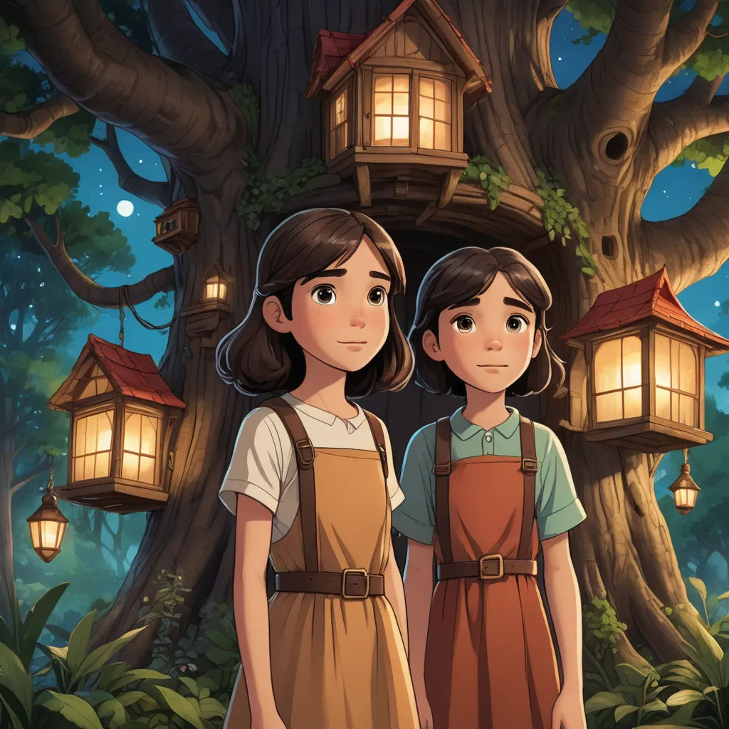 two girls standing in front of a tree house in the woods at night with lanterns on the trees and a full moon in the sky, magical realism, a storybook illustration, Diego Gisbert Llorens, ghibli