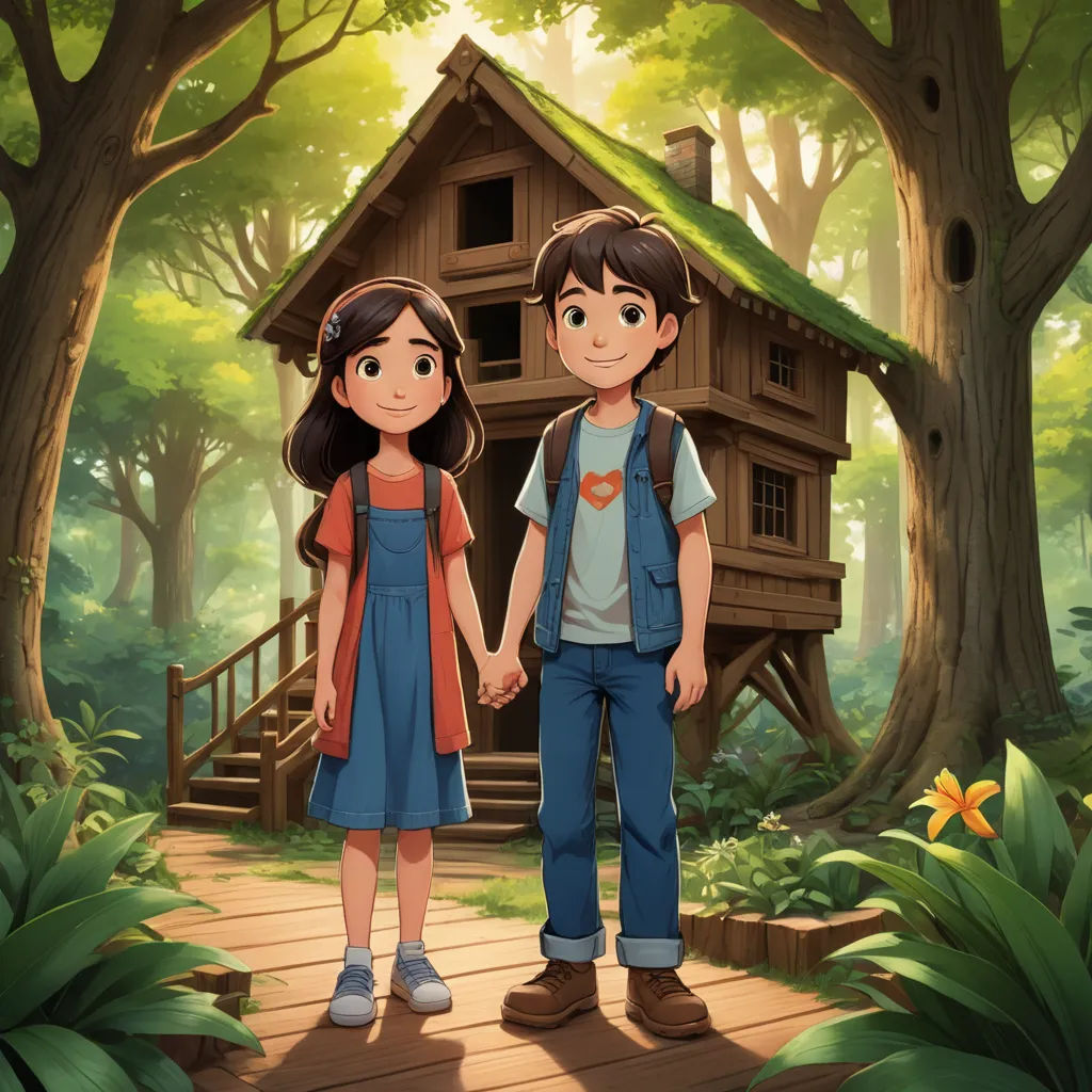 a boy and a girl holding hands in front of a tree house in the woods with a birdhouse, american scene painting, a storybook illustration, Diego Gisbert Llorens, promotional image