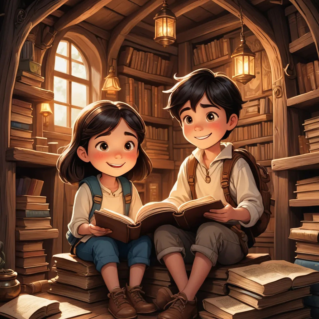 a couple of kids sitting on top of a pile of books in a library reading a book together with a book, fantasy art, a storybook illustration, Diego Gisbert Llorens, storybook illustration