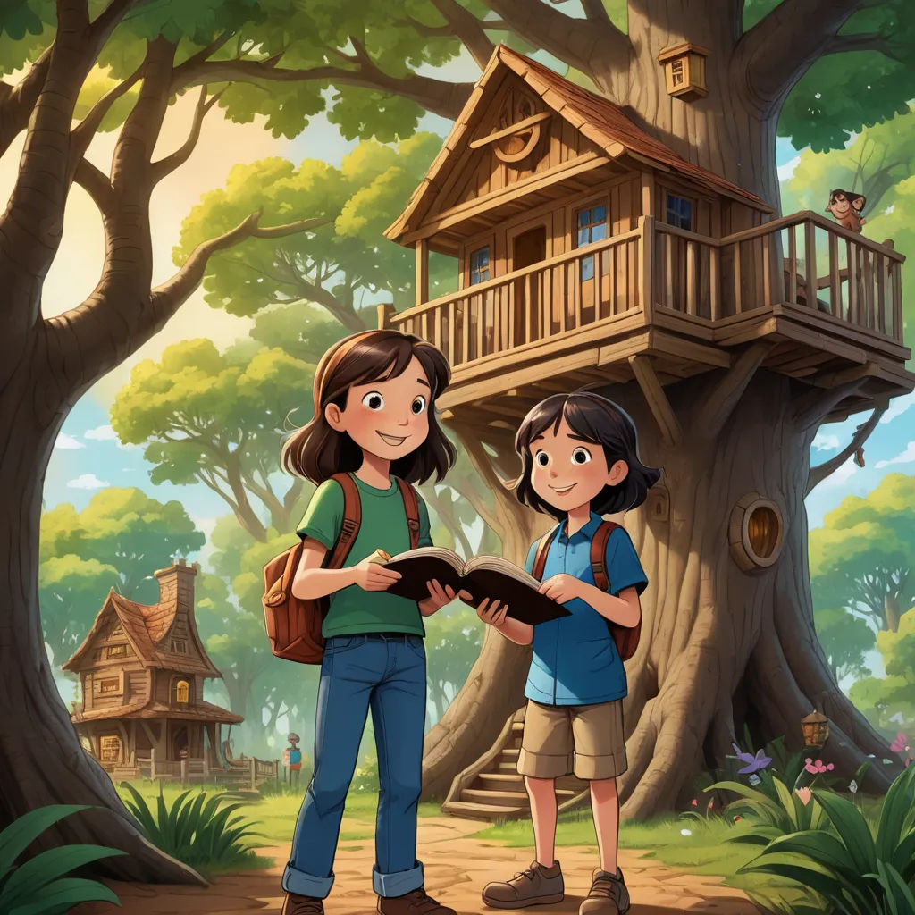 a boy and a girl standing in front of a tree house with a birdhouse on it's roof, fantasy art, a storybook illustration, Diego Gisbert Llorens, promotional image