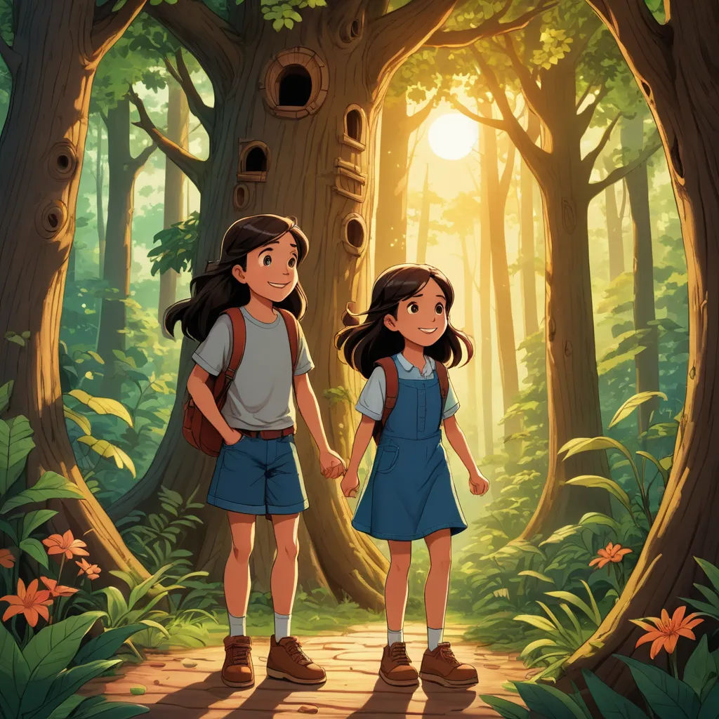 a couple of kids standing in front of a tree in a forest with a birdhouse in the background, magical realism, a storybook illustration, Diego Gisbert Llorens, ghibli