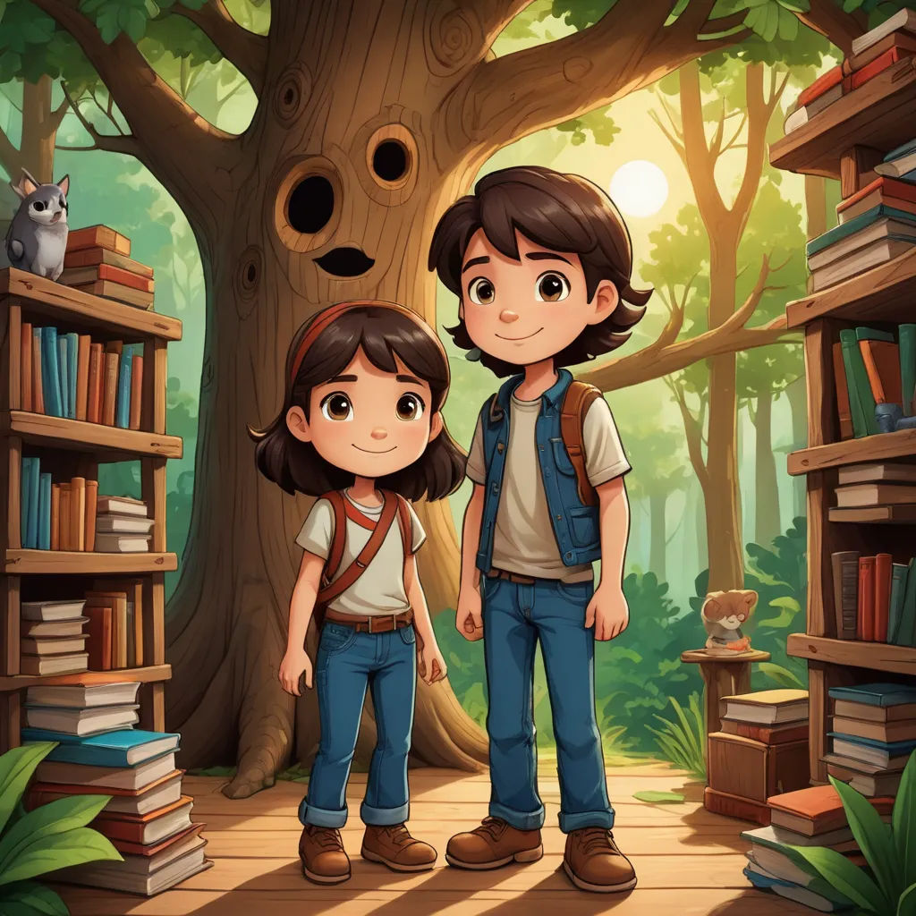 a boy and a girl standing in front of a tree in a forest with bookshelves and a cat, serial art, a storybook illustration, Diego Gisbert Llorens, storybook illustration
