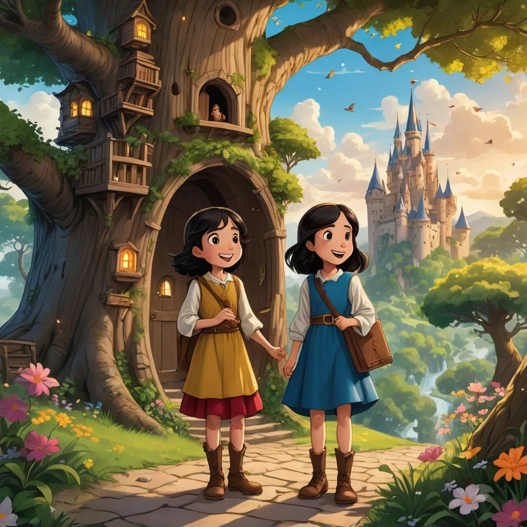 two girls are standing in front of a tree with a castle in the background and a birdhouse in the background, fantasy art, a storybook illustration, disney, official art