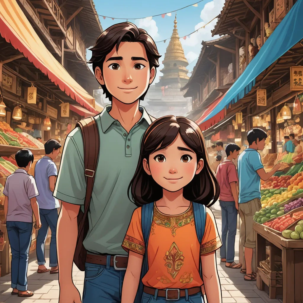 a man and a woman standing in front of a market with a lot of fruit and vegetables on display, magical realism, a storybook illustration, Cliff Childs, official art