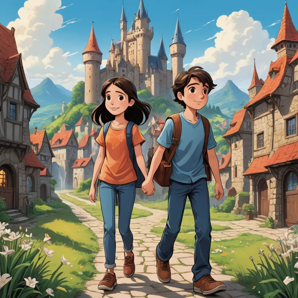 a couple of people walking down a street next to a castle with a clock tower on it's side, fantasy art, a storybook illustration, Brothers Hildebrandt, official art