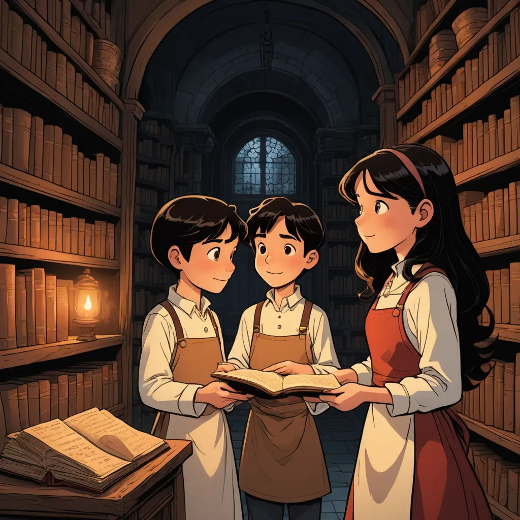 three children standing in a library reading books together and looking at a book on a table with a book in front of them, fantasy art, a storybook illustration, Diego Gisbert Llorens, official art