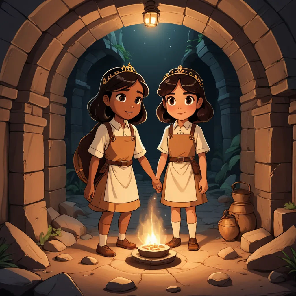 two girls standing in front of a fire in a cave with a lantern on it's head and a stone archway with a light on, sots art, concept art, Diego Gisbert Llorens, official art