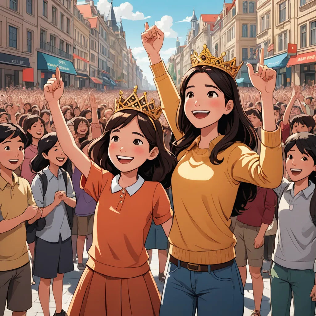 a woman in a crown standing in front of a crowd of people in a city street with her arms up, magical realism, a storybook illustration, disney, official art