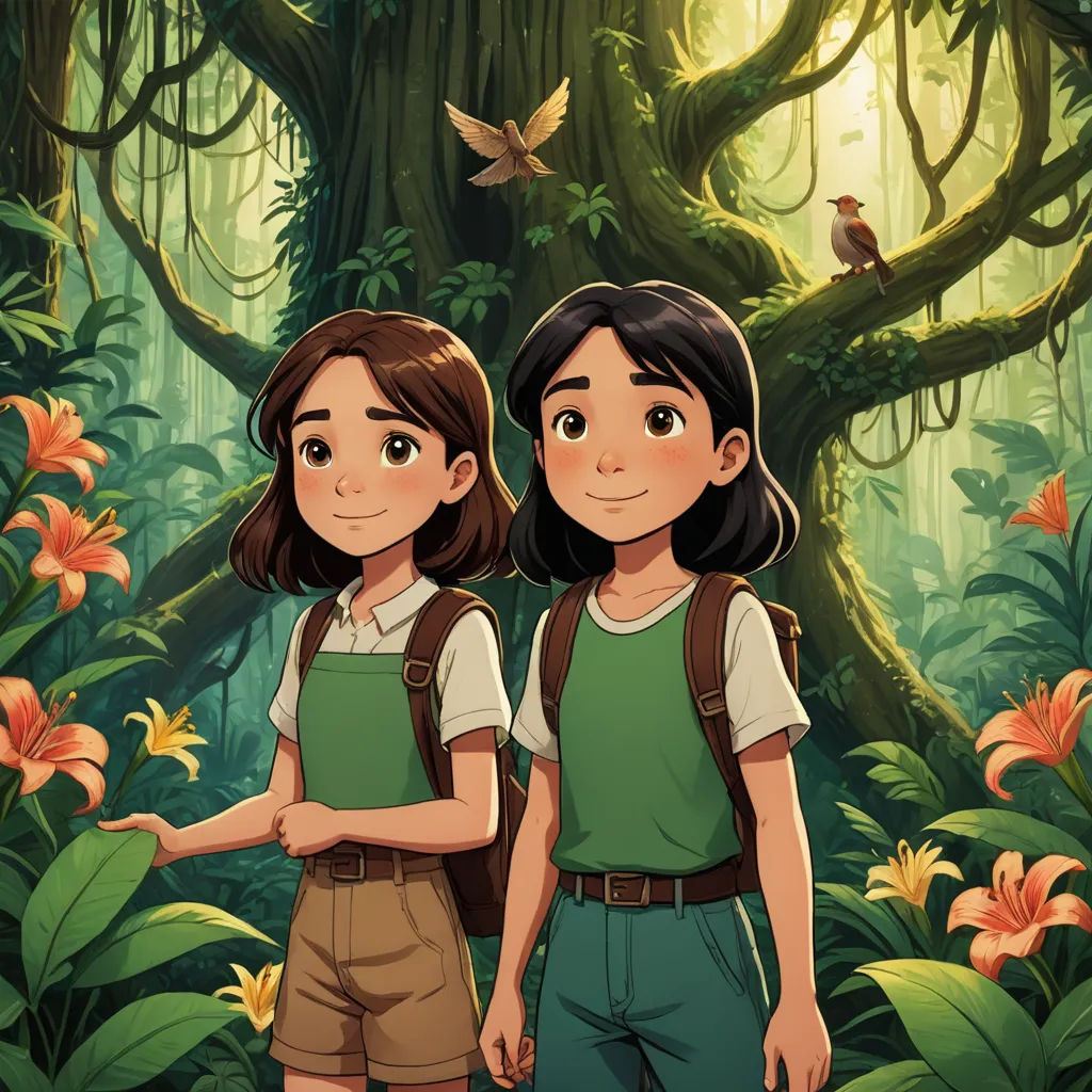two girls standing in front of a tree with a bird on it's back and a bird on the top of the tree, serial art, a storybook illustration, Diego Gisbert Llorens, official art