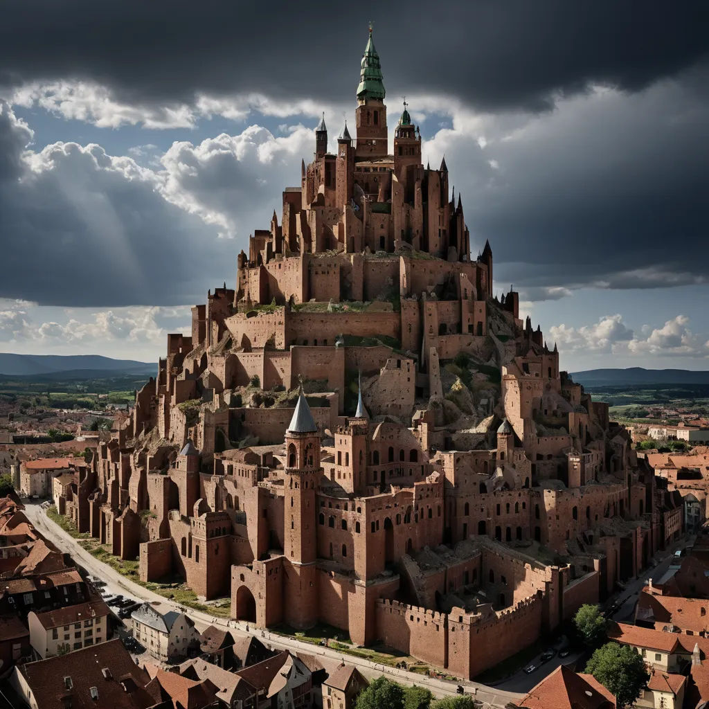 a very tall castle with a green spire on top of it's head and a road running through it, gothic art, a tilt shift photo, Florence Engelbach, medieval