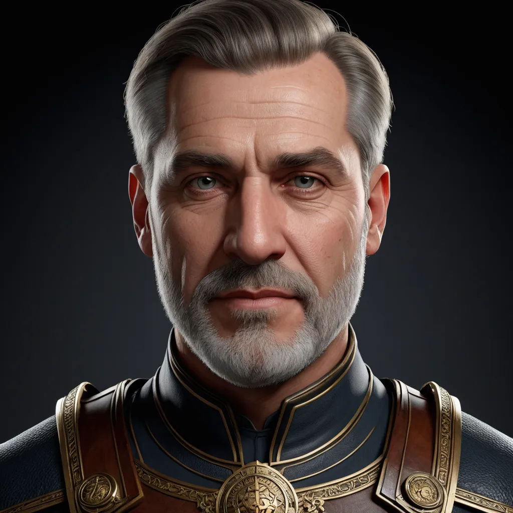 a man with a beard and a suit of armor on his chest and shoulders, with a serious look on his face, sots art, a character portrait, Cedric Peyravernay, arnold render