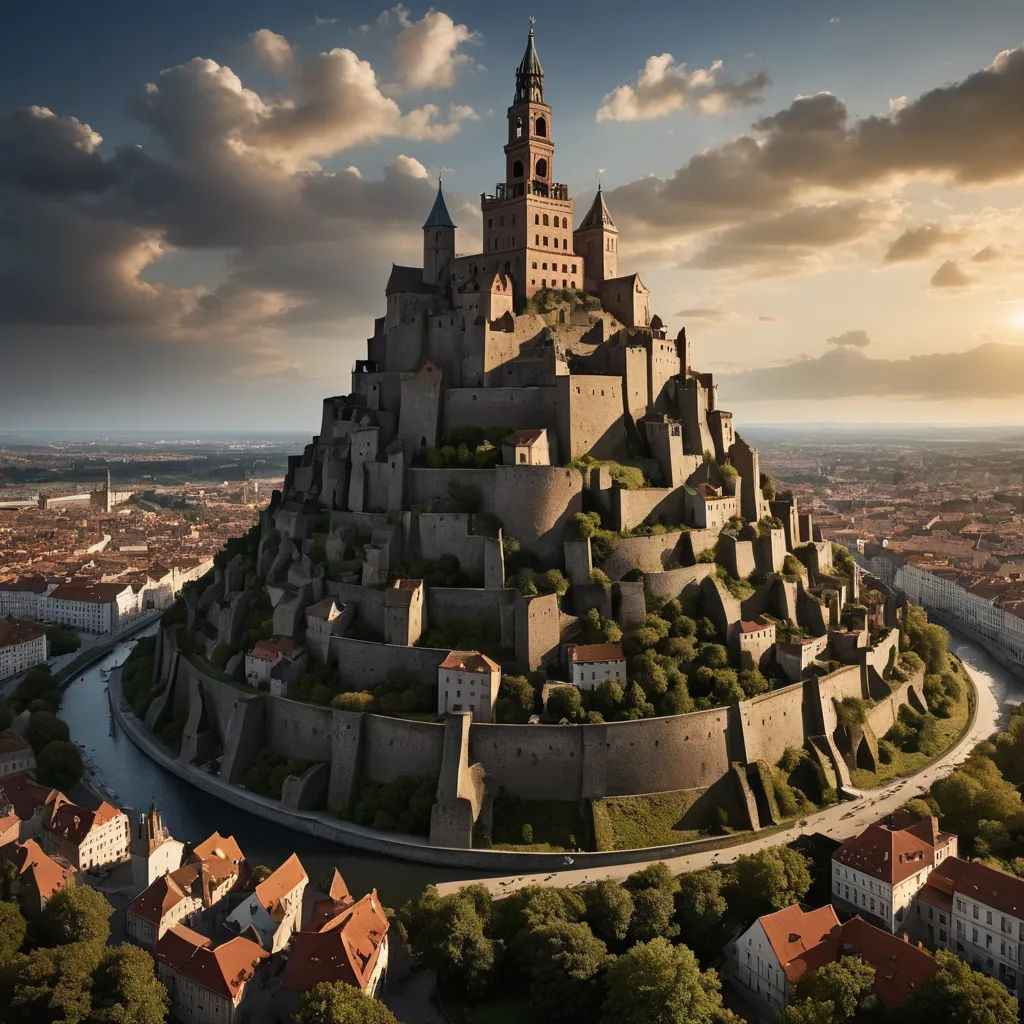 a very large castle with a lot of trees on top of it in the middle of a city with a river running through it, fantasy art, a detailed matte painting, Filip Hodas, matte painting