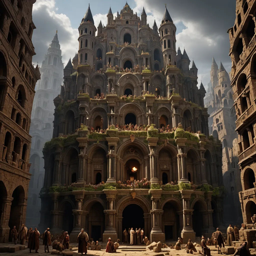 a very tall building with a bunch of people around it in a city with tall buildings and a clock tower, fantasy art, a detailed matte painting, Cedric Peyravernay, unreal engine render