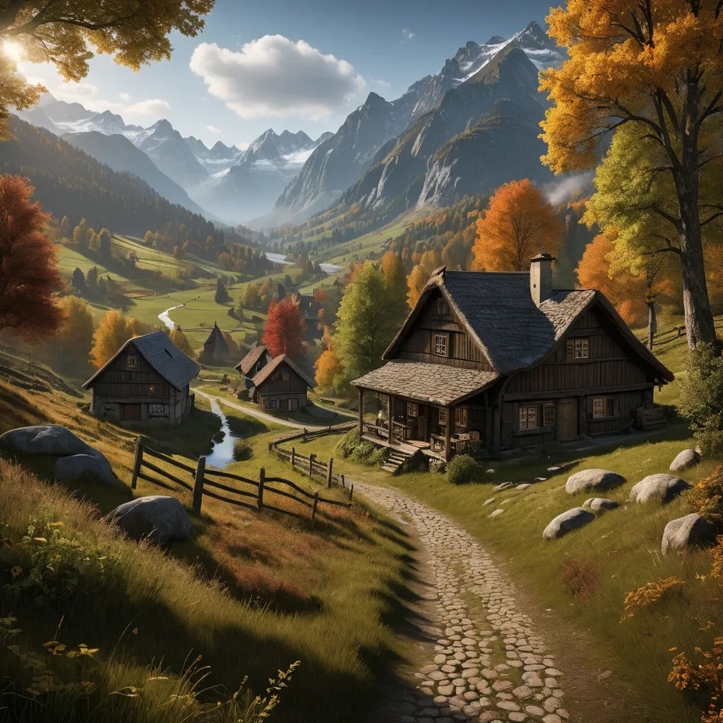 a painting of a cabin in the mountains with a path leading to it and a stream running through the valley, american scene painting, a detailed matte painting, Evgeny Lushpin, cinematic matte painting