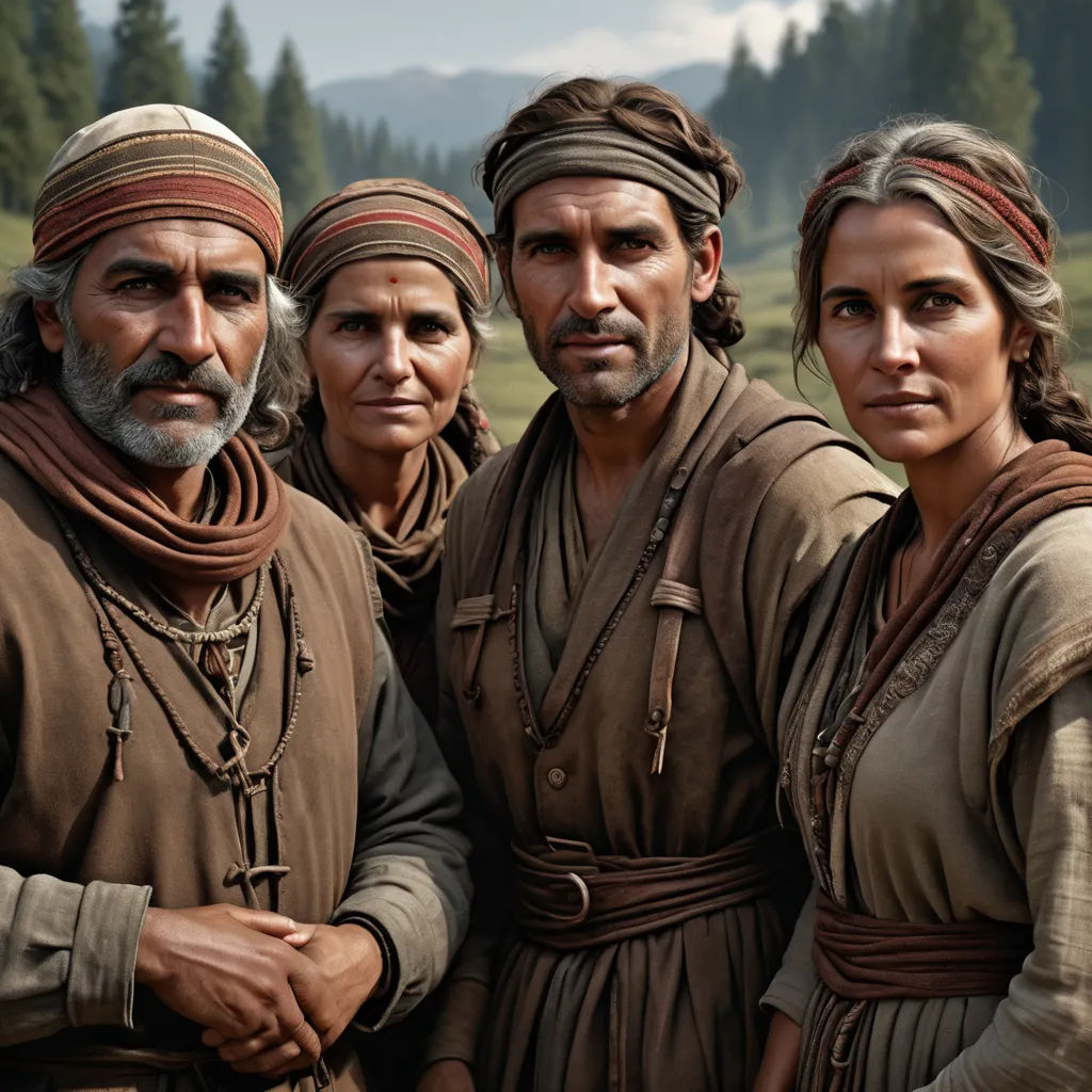 a group of people standing next to each other in a field with trees in the background and mountains in the distance, antipodeans, computer graphics, Bogi Fabian, promotional image