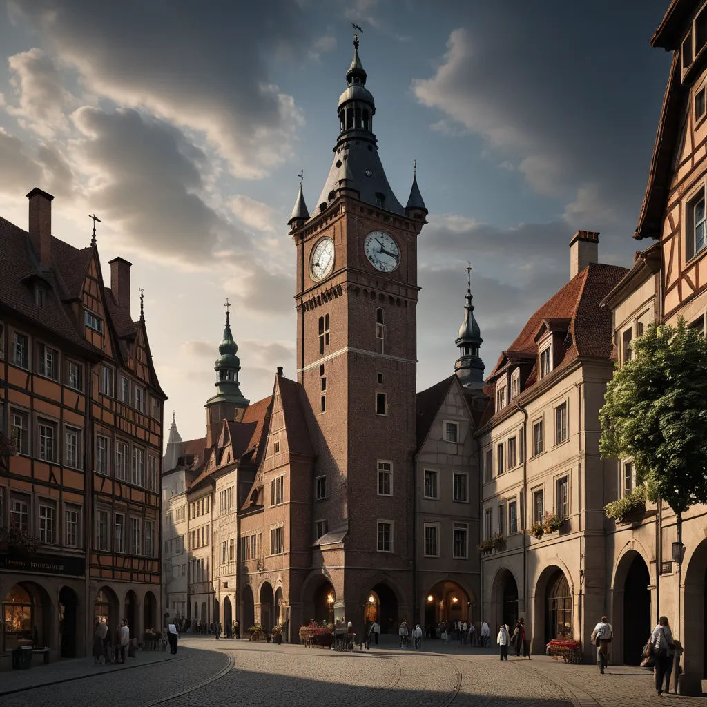 a clock tower in a city square with people walking around it and buildings in the background with a cloudy sky, arts and crafts movement, a detailed matte painting, Evgeny Lushpin, medieval