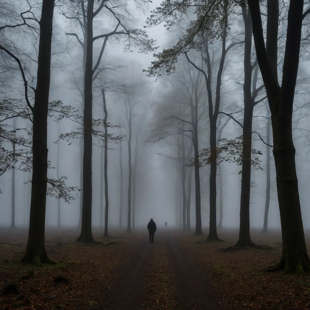 a person walking down a path in a foggy forest with trees and leaves on the ground and a person walking on the path, german romanticism, a matte painting, Bernd Fasching, fog
