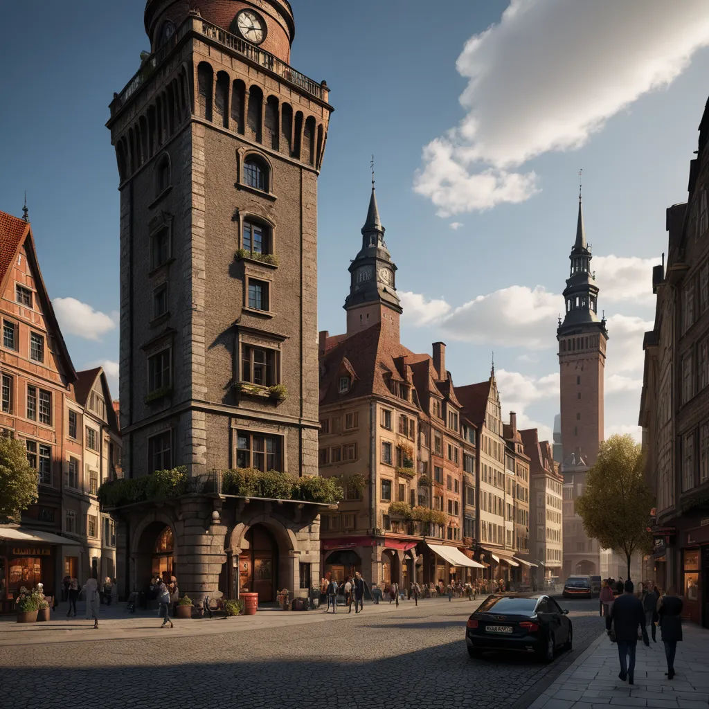 a clock tower on a building in a city street with people walking around it and a car parked on the side of the street, photorealism, a digital rendering, Evgeny Lushpin, unreal engine render