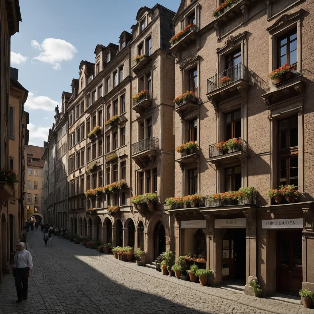 a man walking down a street next to tall buildings with flower boxes on the windows and balconies, heidelberg school, a tilt shift photo, Enguerrand Quarton, archdaily