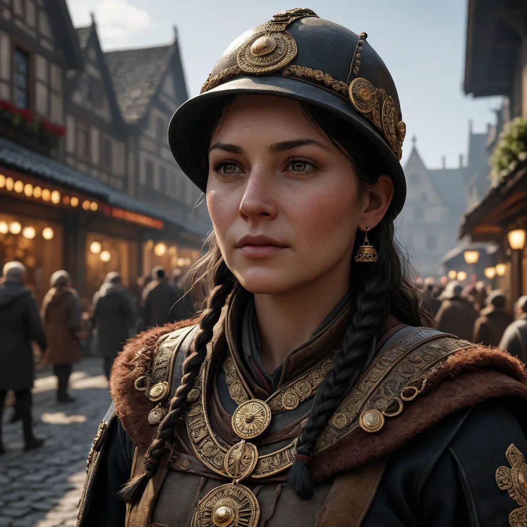 a woman in a medieval costume standing in a street with a crowd of people in the background and a building with a clock on it, photorealism, computer graphics, Cedric Peyravernay, ultra realistic faces