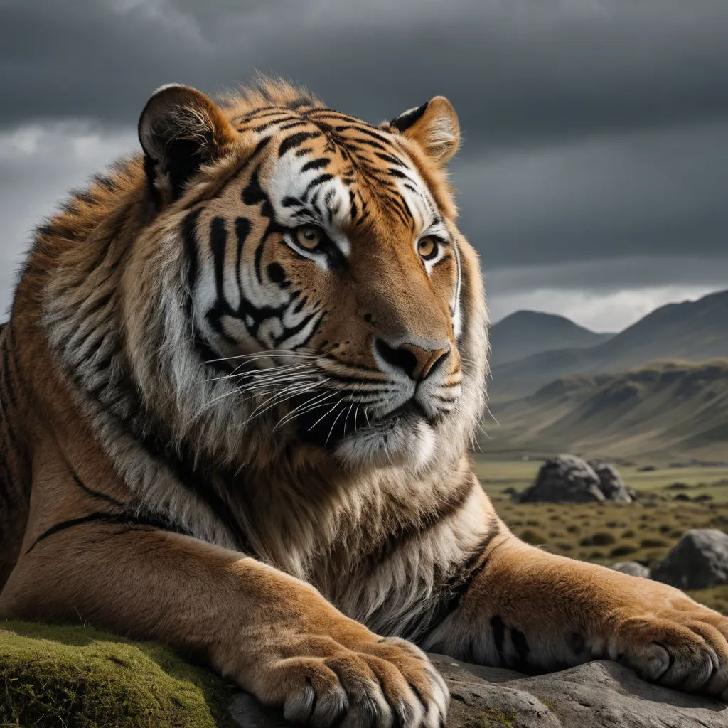 a tiger laying on a rock in a field with mountains in the background and a cloudy sky above it, photorealism, a photorealistic painting, Arie Smit, wildlife photography