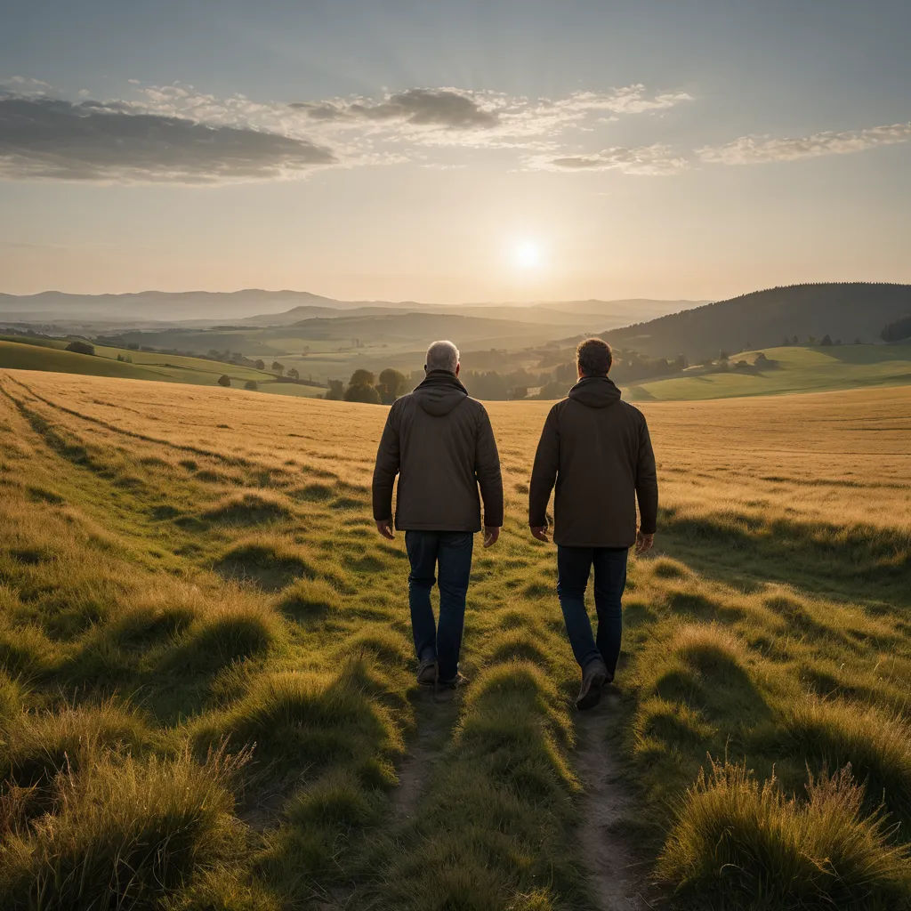 two men walking in a field at sunset with the sun setting behind them and the hills in the distance, german romanticism, a stock photo, Bernd Fasching, cinematic photography