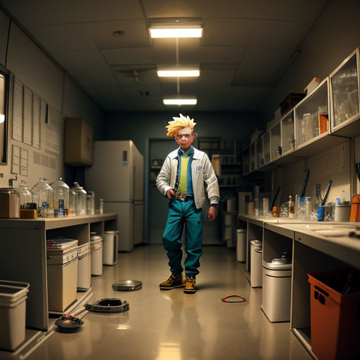 a man in a lab with a yellow tie and a yellow shirt and blue pants and a yellow tie