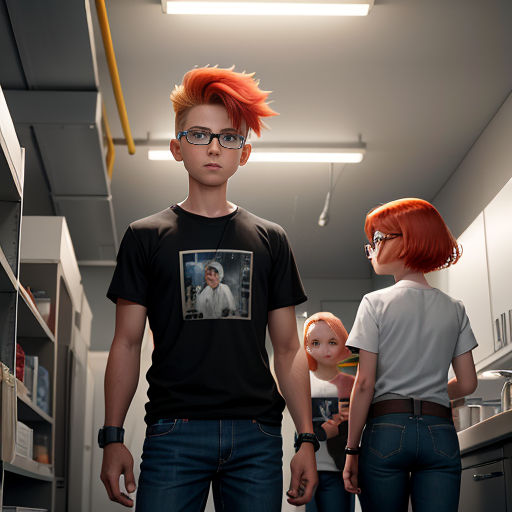 a man and two children in a room with a shelf of books and a light fixture above them that is on the ceiling