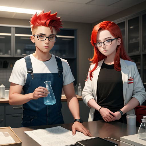 a man and a woman standing in a kitchen next to a table with a tablet computer on it and a beaker in front of them
