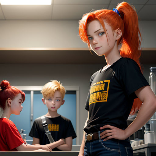 a young girl with orange hair standing in front of a mirror with two other young boys in the background