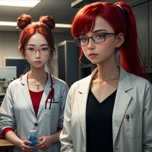 two women in lab coats standing next to each other in a room with cabinets and a counter top with a computer screen