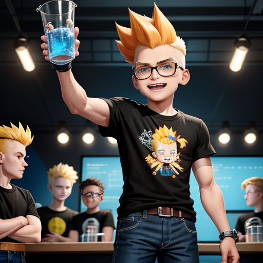 a cartoon character holding a glass of water in front of a group of people in a room with lights