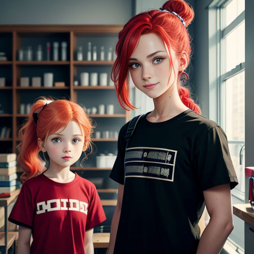 a woman and a girl standing next to each other in a room with shelves of bottles and a window