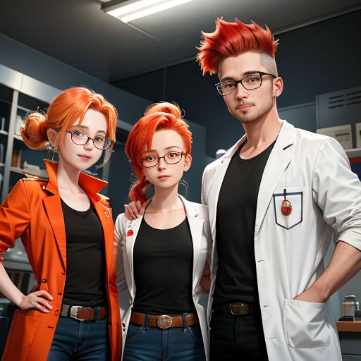 a man and two women standing next to each other in a room with a shelf of cabinets and a light