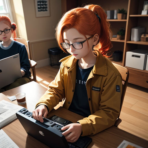 a woman sitting at a table with a laptop computer in front of her and another woman with glasses on her head