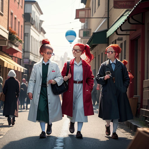three women walking down a street in a city with buildings in the background and a hot air balloon in the sky
