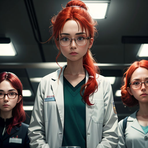 a group of women in white lab coats standing next to each other in a room with lights on and one woman with red hair