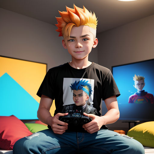 a young boy with a hair style holding a game controller in his hands and a picture of himself on the t - shirt