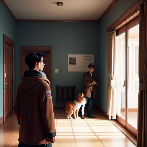 a man and a dog standing in a room with a door open and a man standing next to a dog