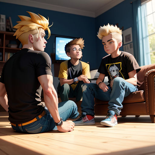 three boys sitting on a couch in a living room with a television in the background and a couch in the foreground
