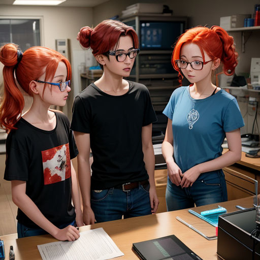 three young girls standing around a table with a laptop computer on it and papers on the table in front of them