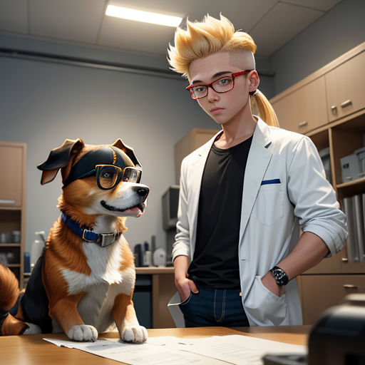 a man standing next to a dog wearing glasses and a tie on a desk in a room with a bookcase